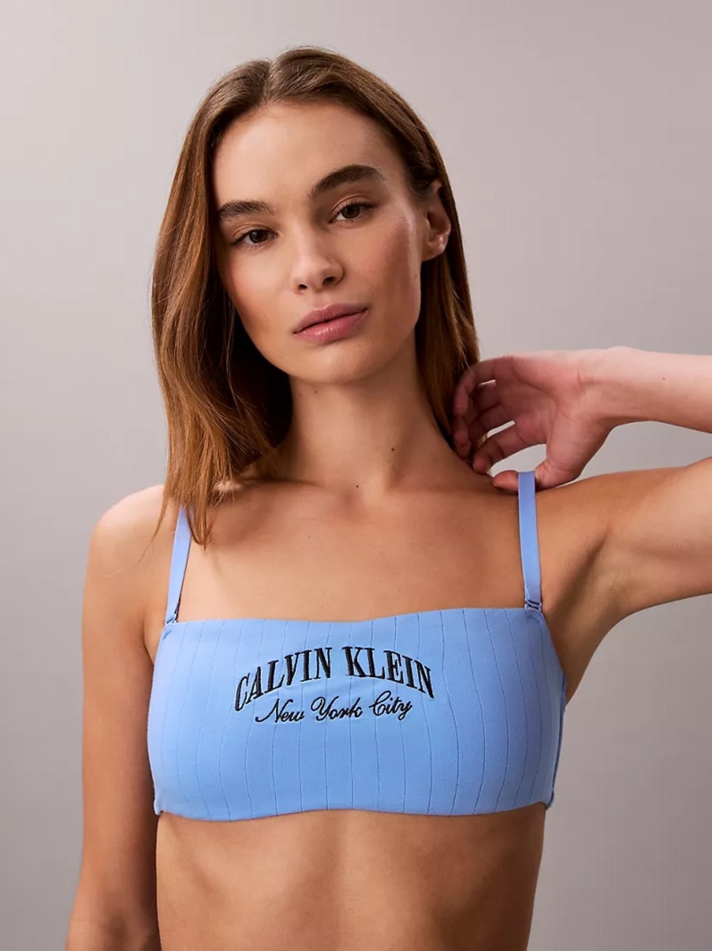 Calvin Klein Blue Ribbed Bandeau top with removable Straps